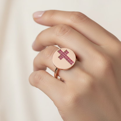 Ruby Cross Signet Disc Ring - Eight