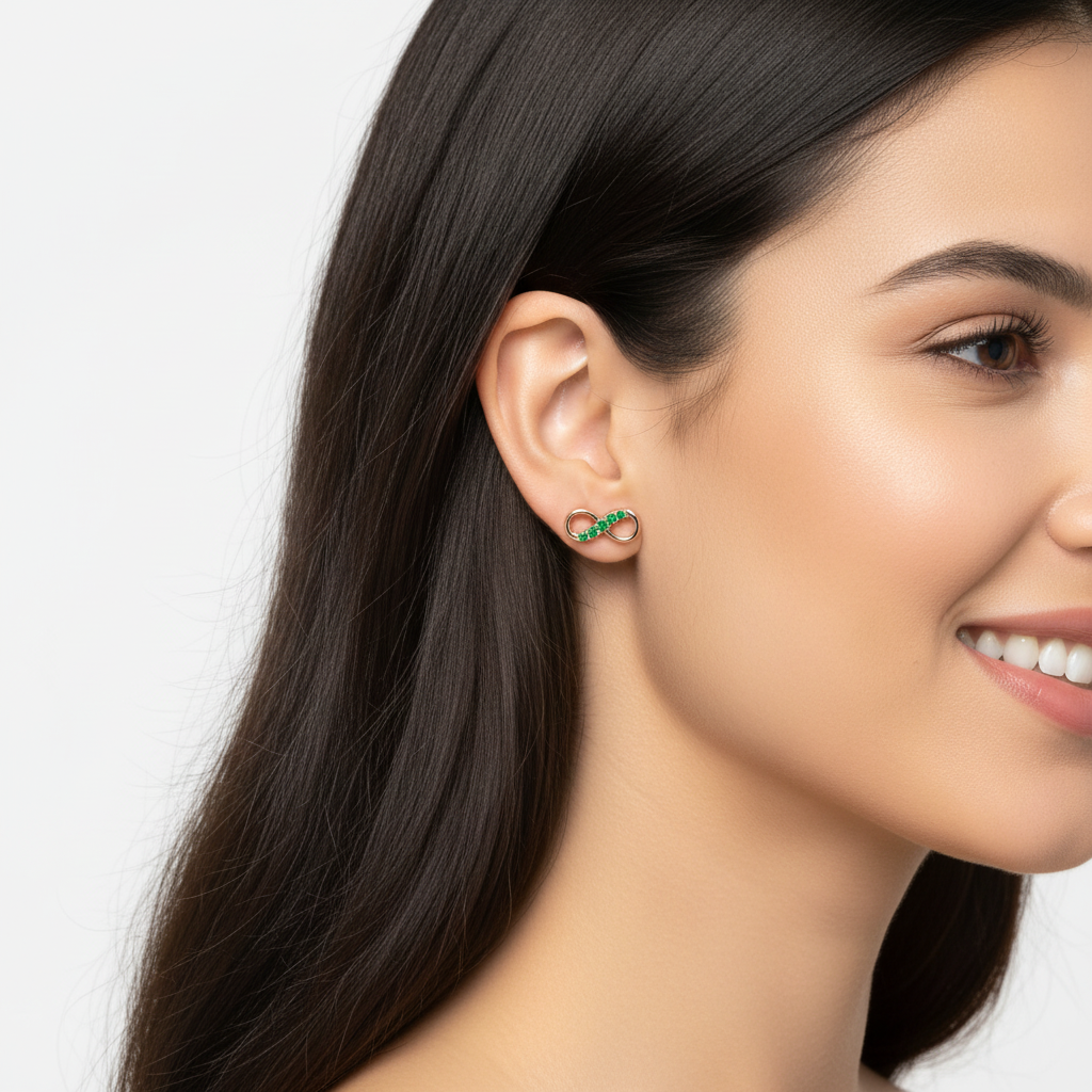Emerald Infinity Stud Earrings With Screw Back - Five