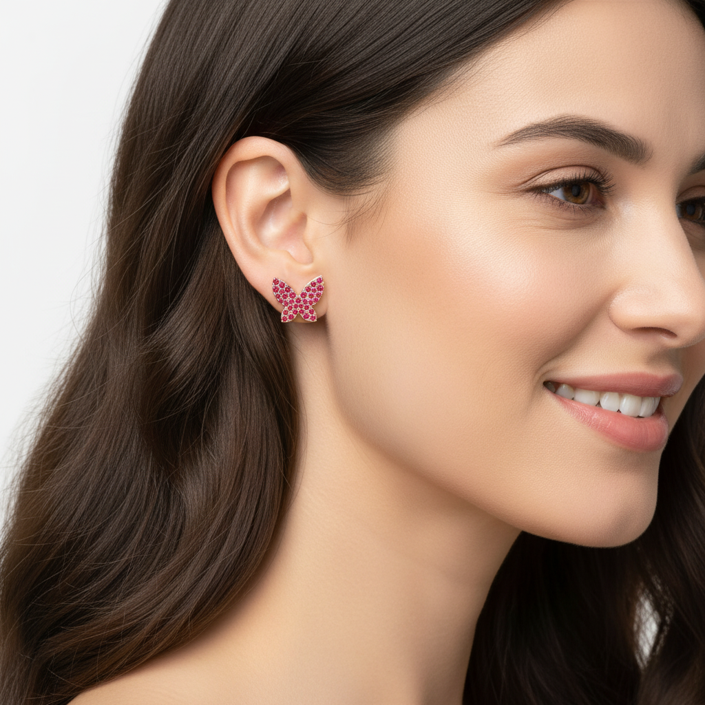Pink Crystal Butterfly Stud Earrings With Screw Back Closure - Five
