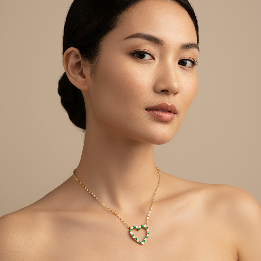 Emerald And Diamond Heart Pendant Necklace In 14K Yellow Gold - Eight