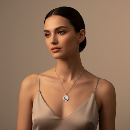 Blue Sapphire Crescent Moon Disc Pendant Necklace - Four