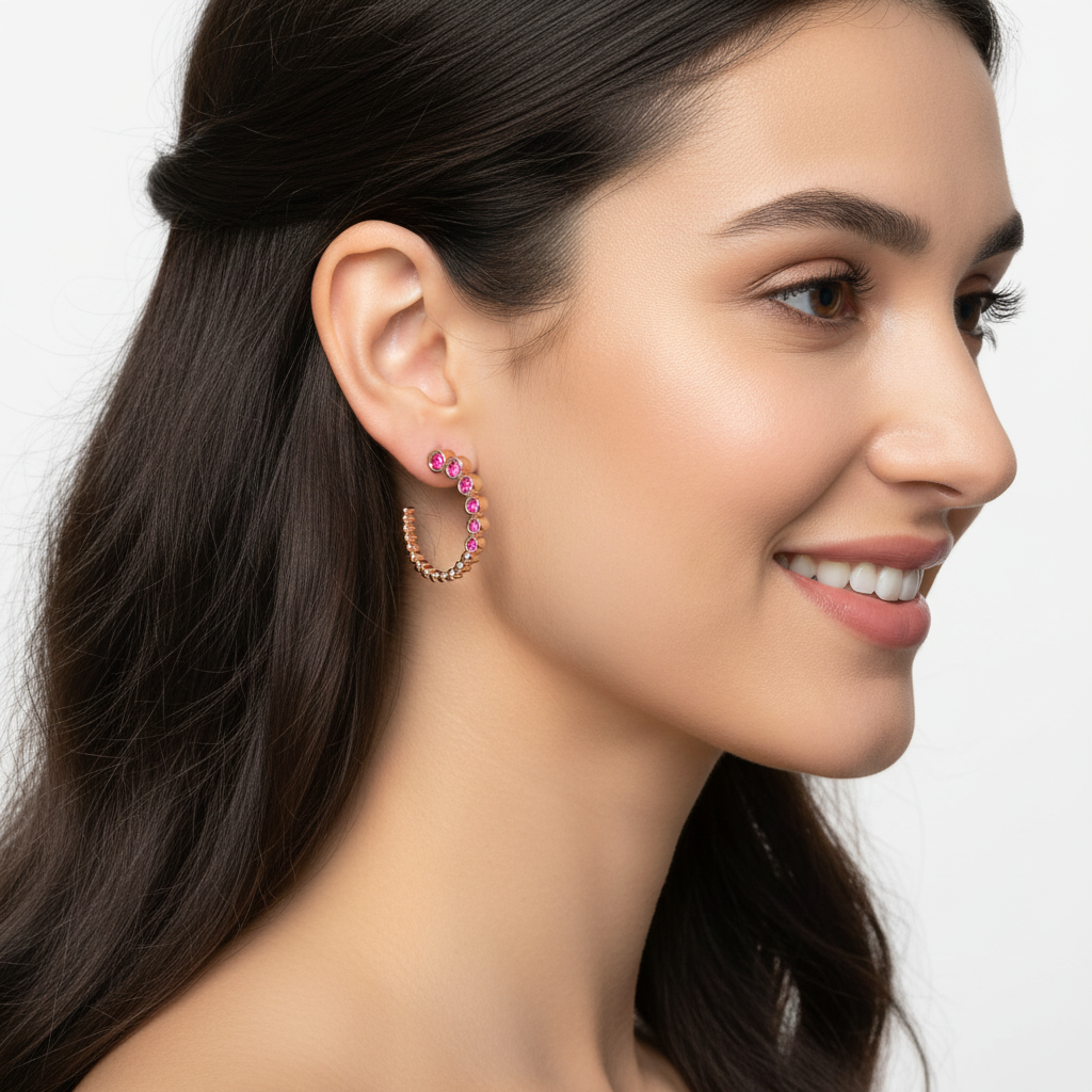 Pink Tourmaline Beaded Circle Hoop Earrings - Eight
