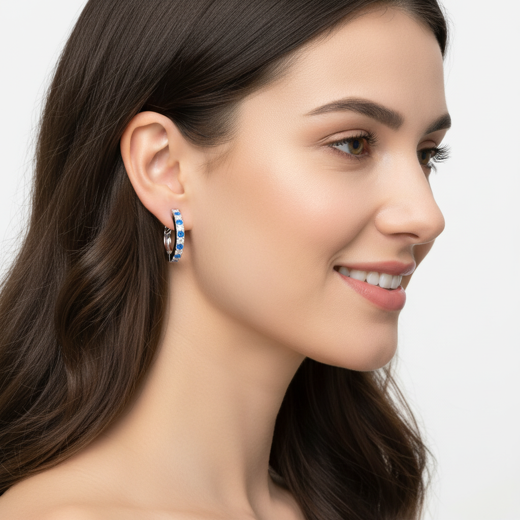 Blue Sapphire And Diamond Huggie Hoop Earrings In White Gold - Eight
