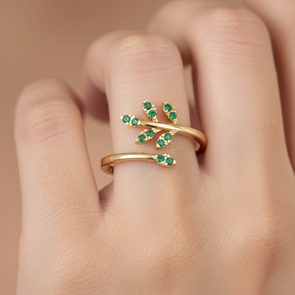 Emerald Leaf Vine Wrap Ring - Eight