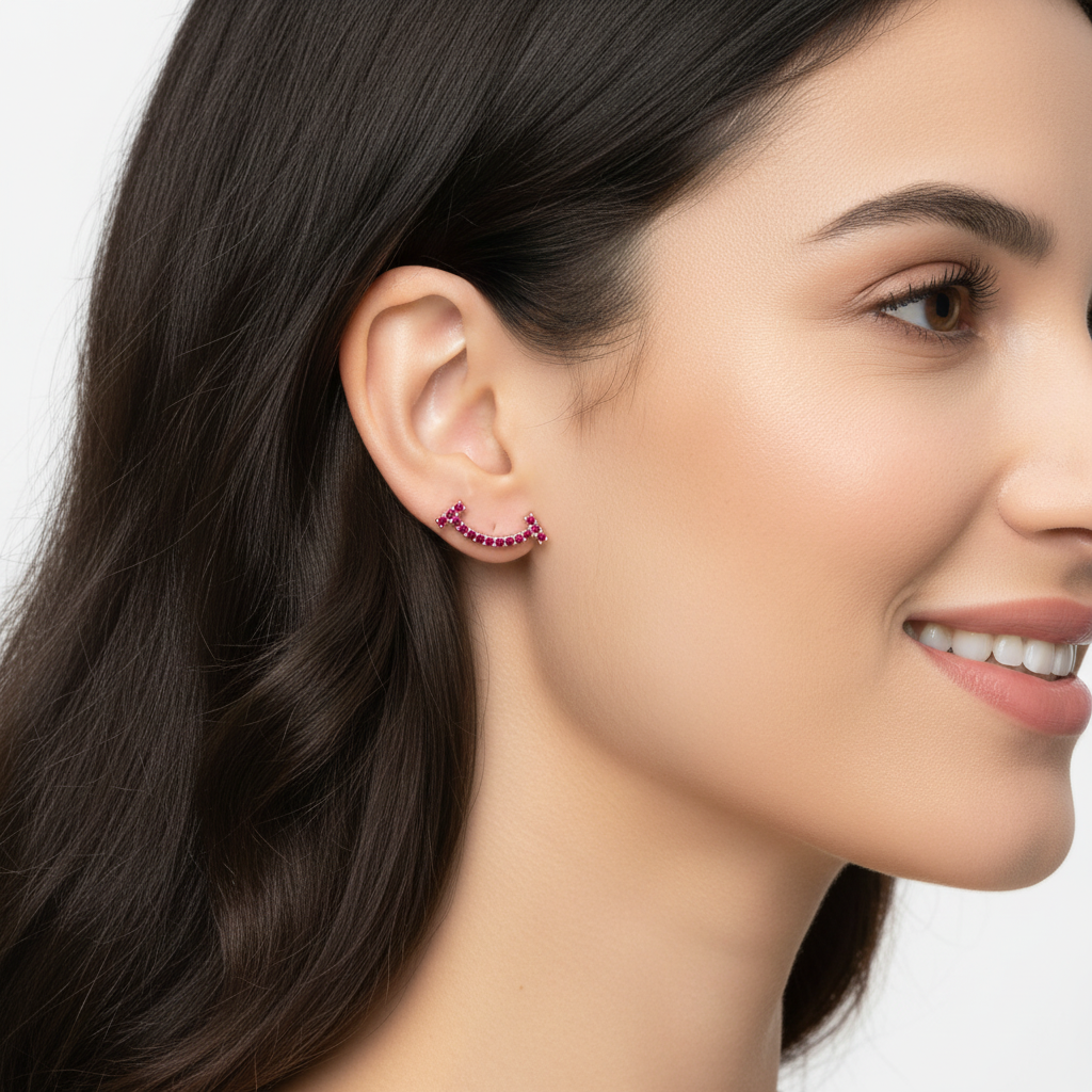 Curved Bar Ear Jacket Earrings With Pink Gemstones - Two