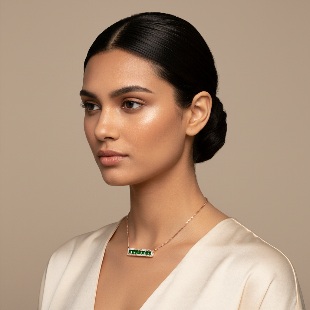 Emerald And Diamond Bar Necklace In Yellow Gold - Five
