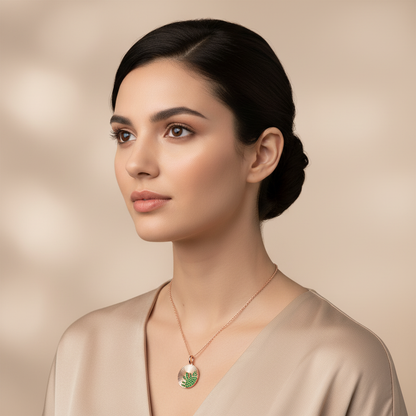 Sunburst Disc Pendant Necklace With Green Emerald Stones - Five