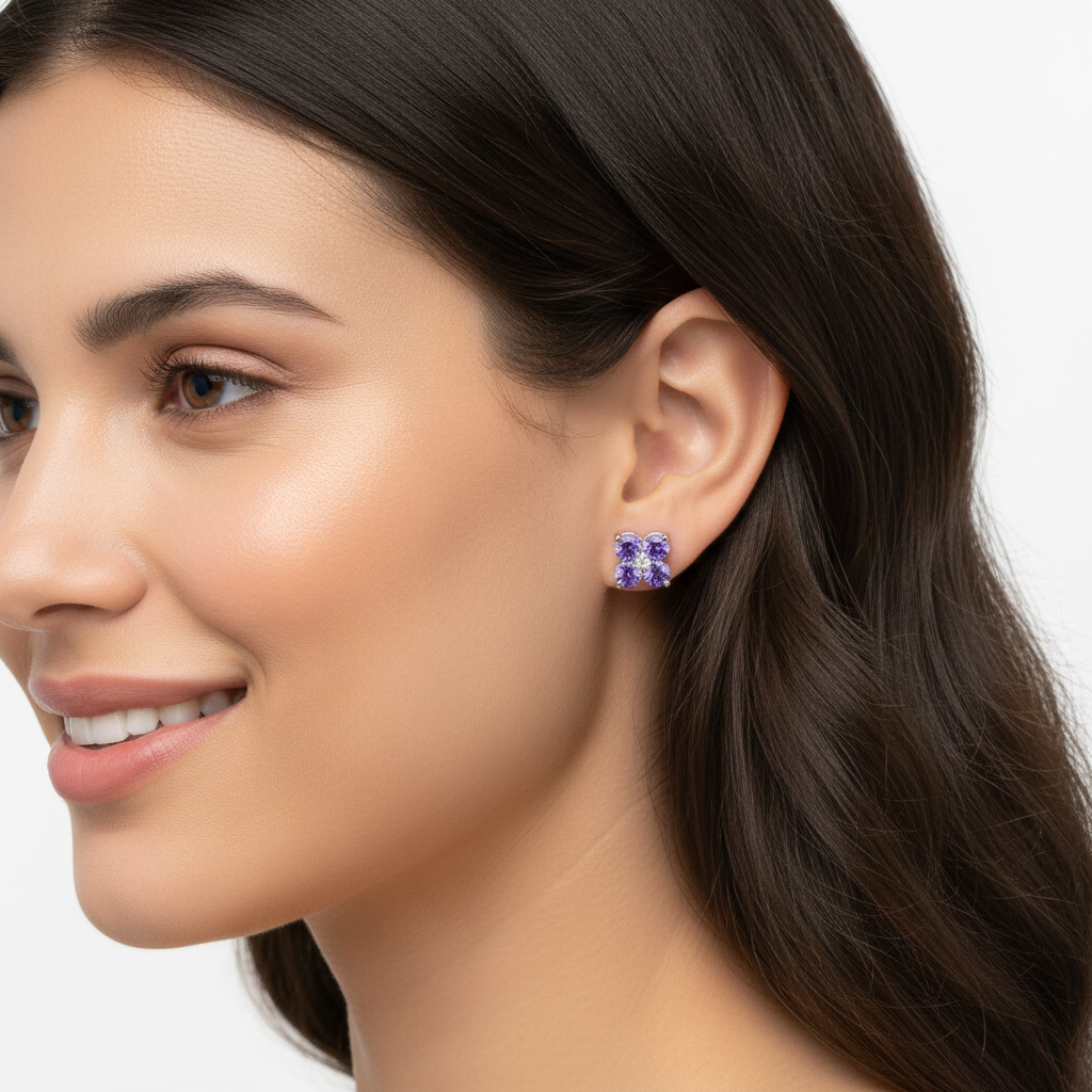 Purple Amethyst Four Stone Cluster Stud Earrings With Diamond Accent - Eight