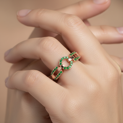 Emerald Circular Link Ring In Rose Gold | Double Pave Interlocking Chain Luxury Statement Ring For Women | Jebij - Eight