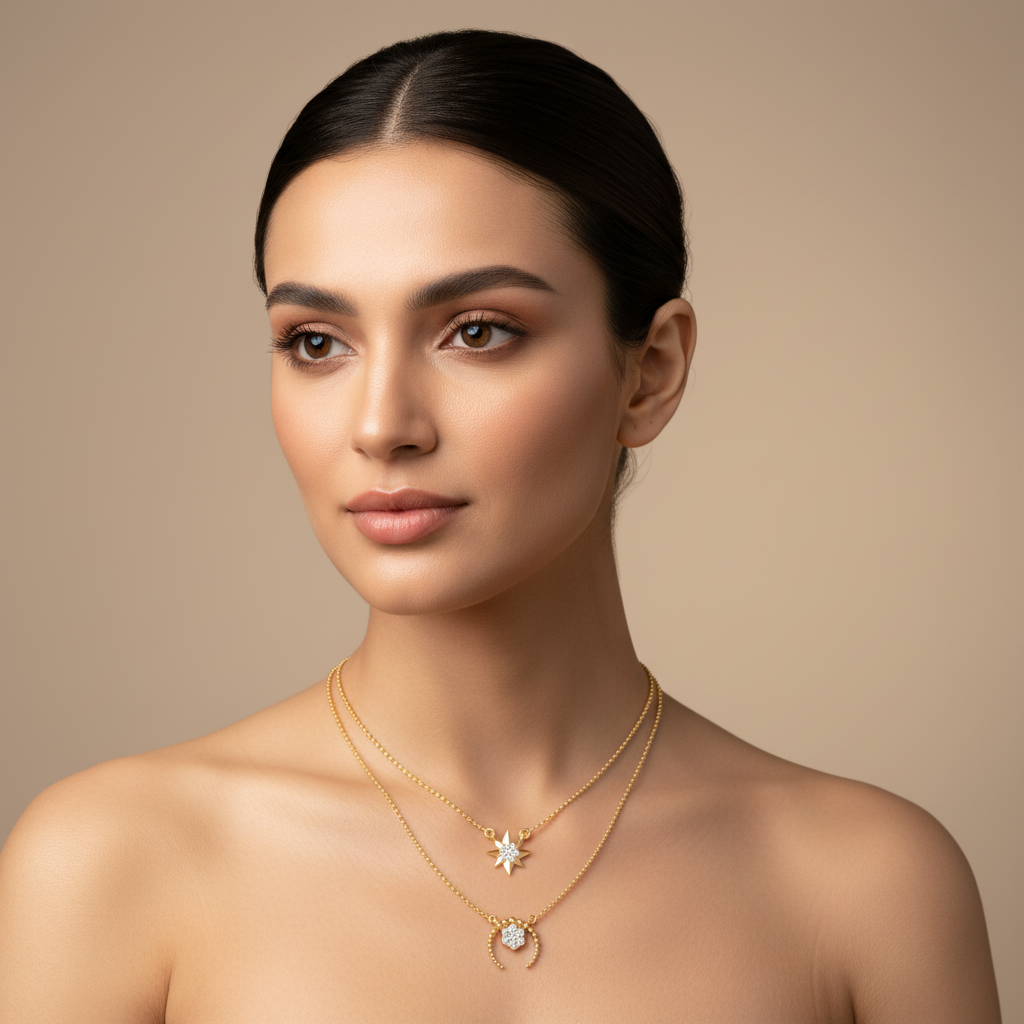 Layered Star And Circle Pendant Necklace With Crystal Accents - Five