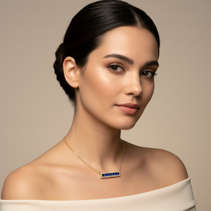Blue Sapphire And Diamond Bar Necklace In White Gold - Five