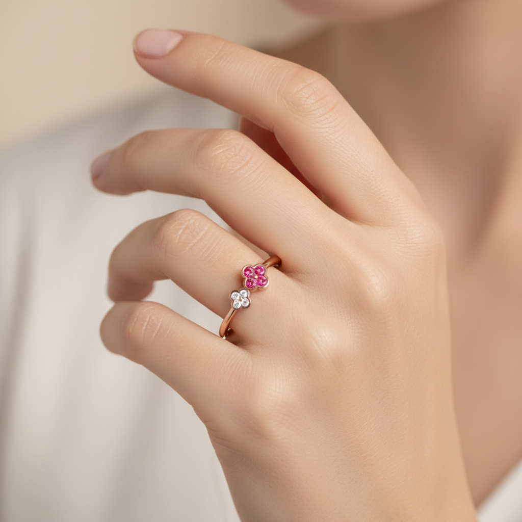 Triple Flower Cluster Ring With Ruby And Diamond Accents - Eight
