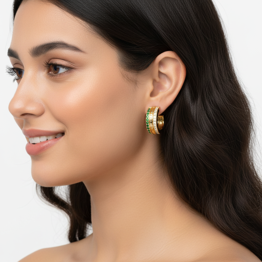 Emerald & Diamond Row Hoop Earrings In Yellow Gold – Luxury Statement Hoops | Jebij - Eight