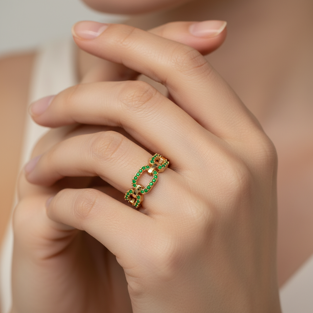 Emerald Chain Link Ring In Yellow Gold | Double Pave Interlocking Statement Luxury Ring For Women | Jebij - Eight