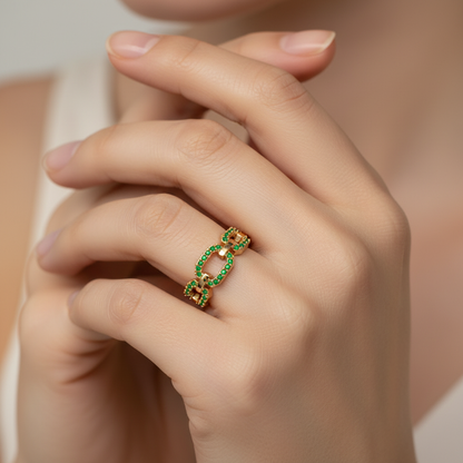 Emerald Chain Link Ring In Yellow Gold | Double Pave Interlocking Statement Luxury Ring For Women | Jebij - Eight