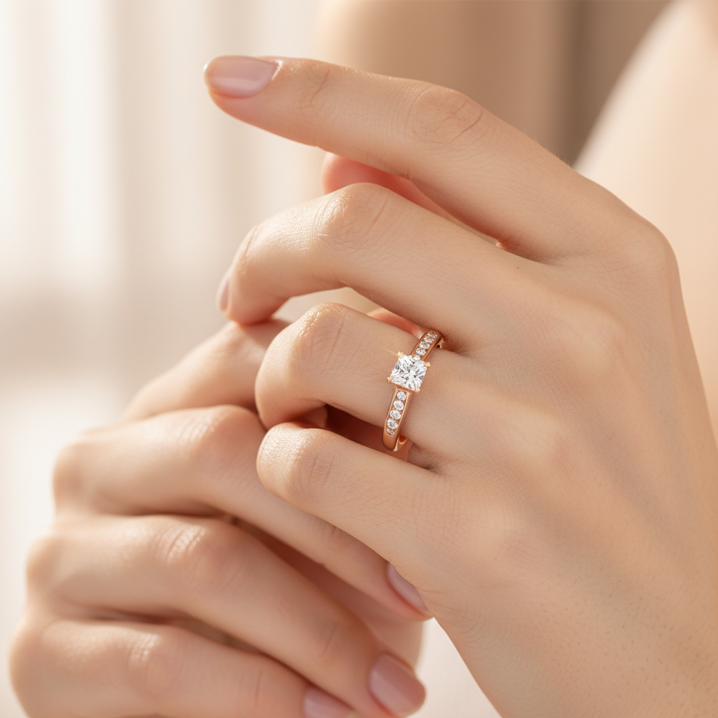 Rose Gold Solitaire Diamond Engagement Ring With Pav Band - Fourteen