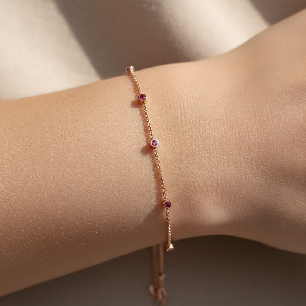 Delicate Chain Bracelet With Pink Gemstone Accents - Eight