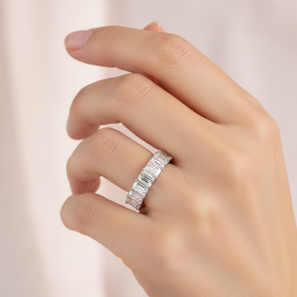 Emerald Diamond Half Eternity Wedding Band In White Gold - Two