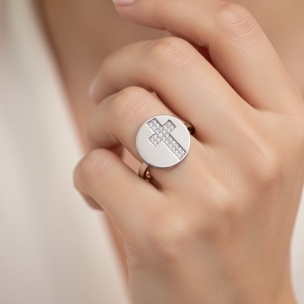 Pav Cross Disc Signet Ring With Twisted Band - Eleven