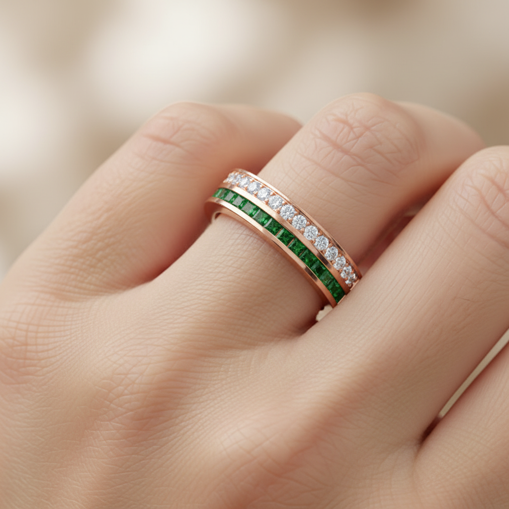 Emerald and Diamond Double Band Ring with Open Bridge Design