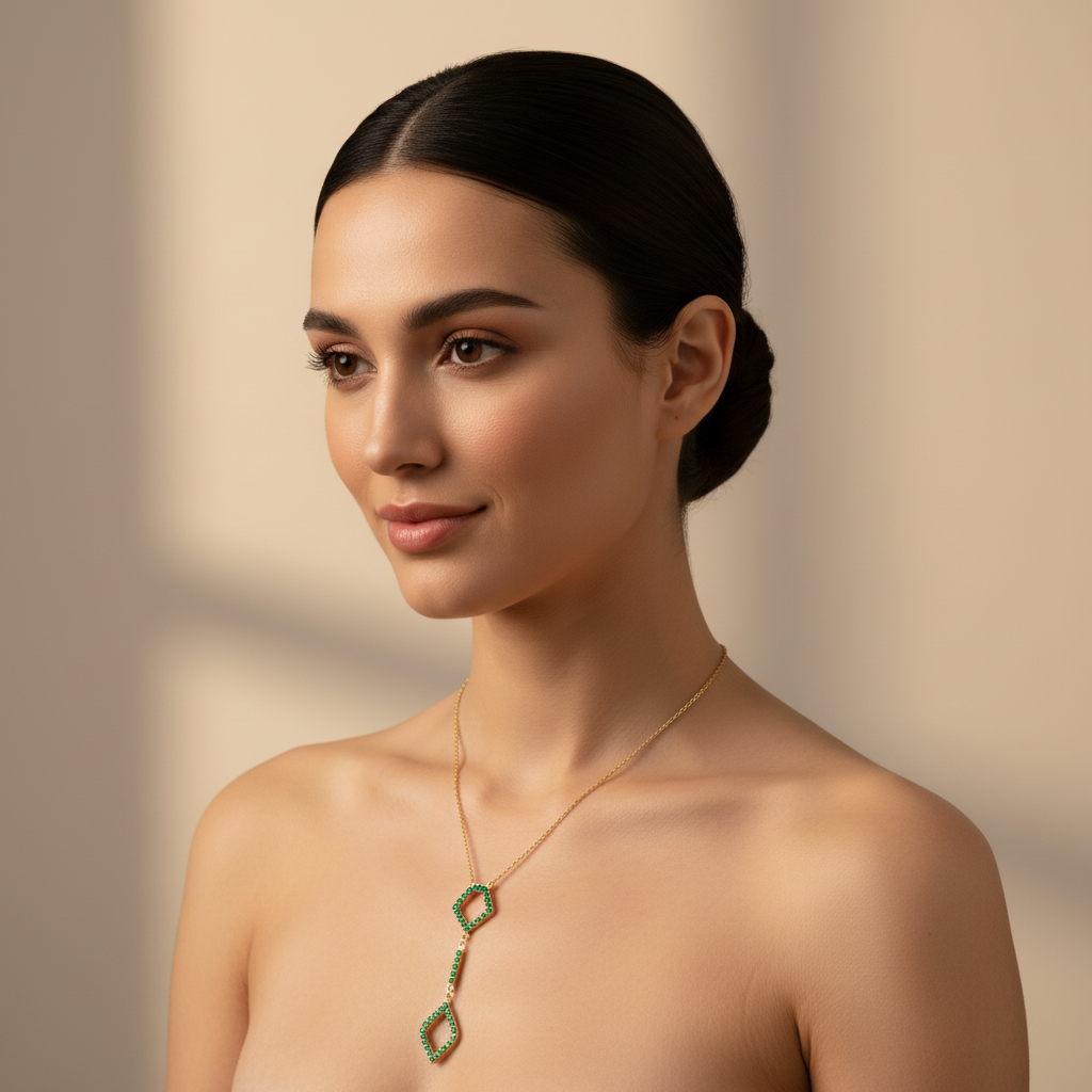 Lab-Grown Emerald Geometric Drop Pendant Necklace In White Gold | Adjustable 16–17 Inch Chain - Five