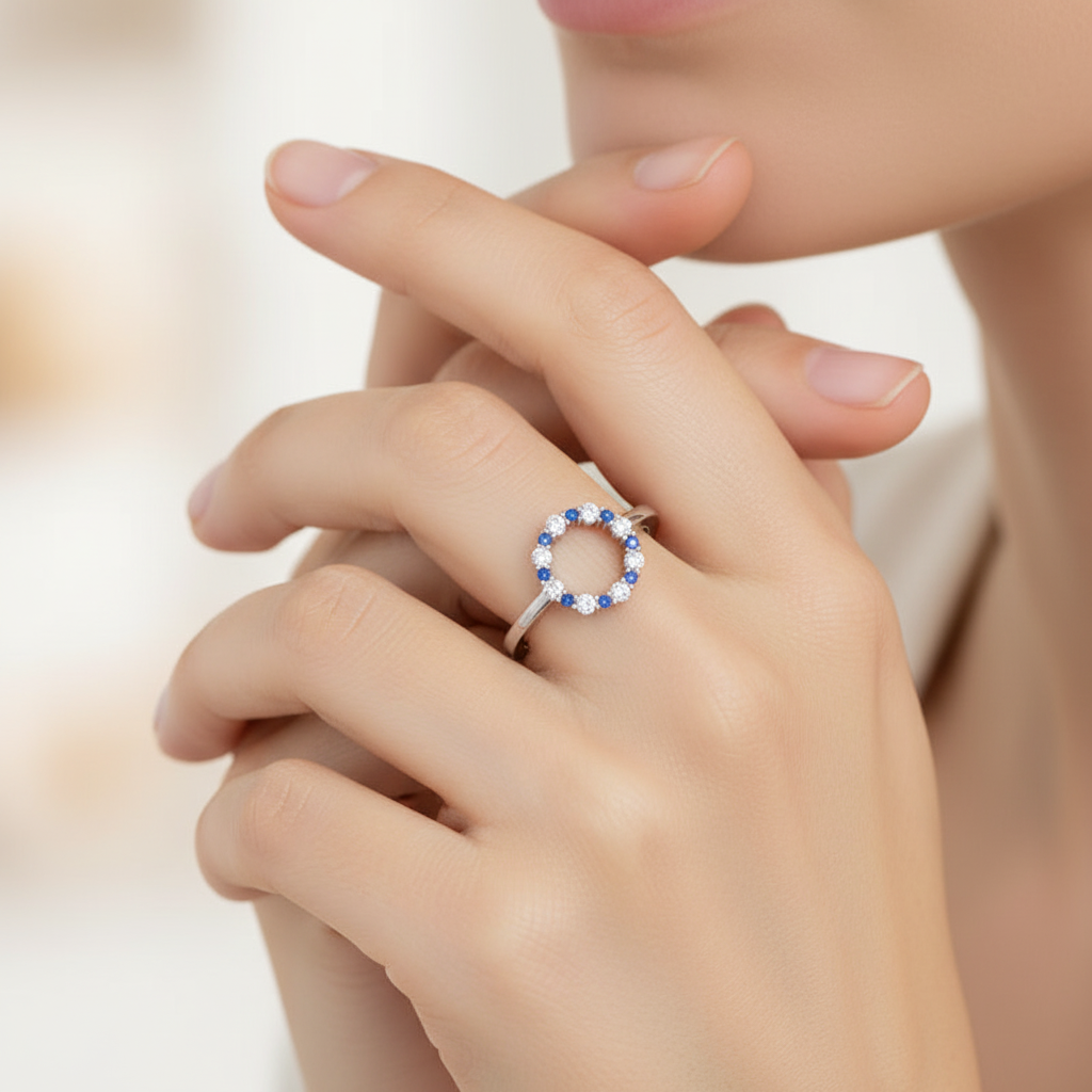 Blue Sapphire And Diamond Open Circle Ring - Eight