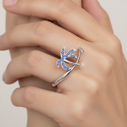 Blue Stone Star & Crescent Moon Ring In White Gold - Ten