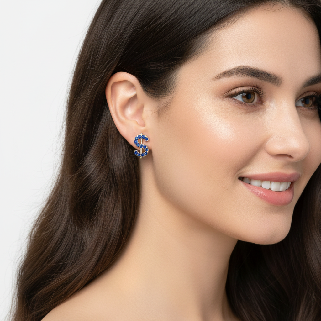 Blue Crystal Dollar Sign Stud Earrings - Five