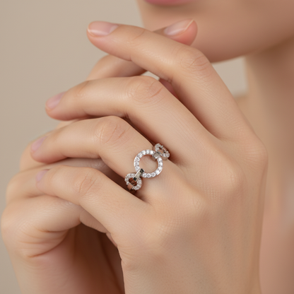 Diamond Multi-Link Circular Ring In White Gold | Double Pave Interlocking Chain Statement Luxury Ring For Women | Jebij - Eleven