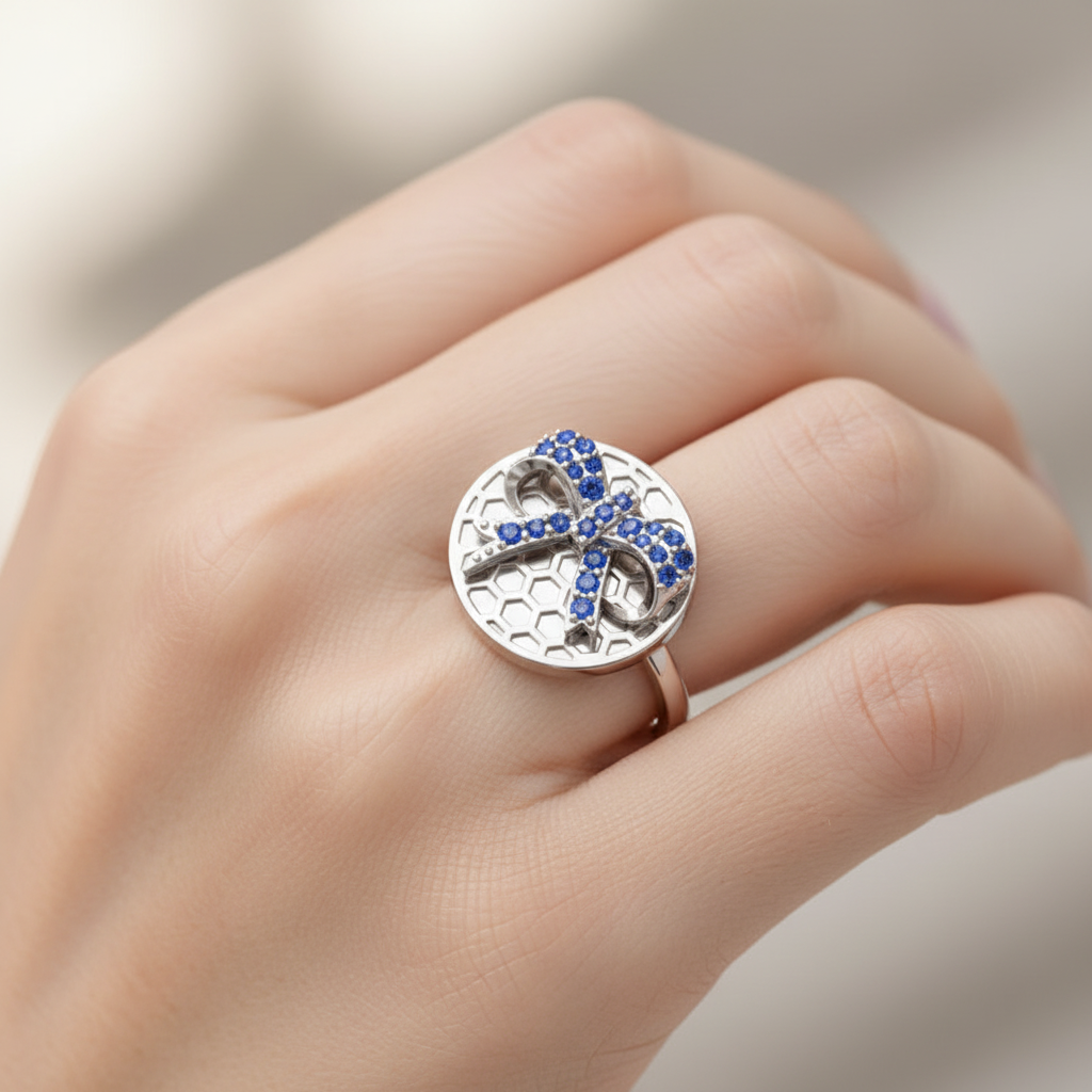 Blue Sapphire Cross Honeycomb Disc Ring - Eight