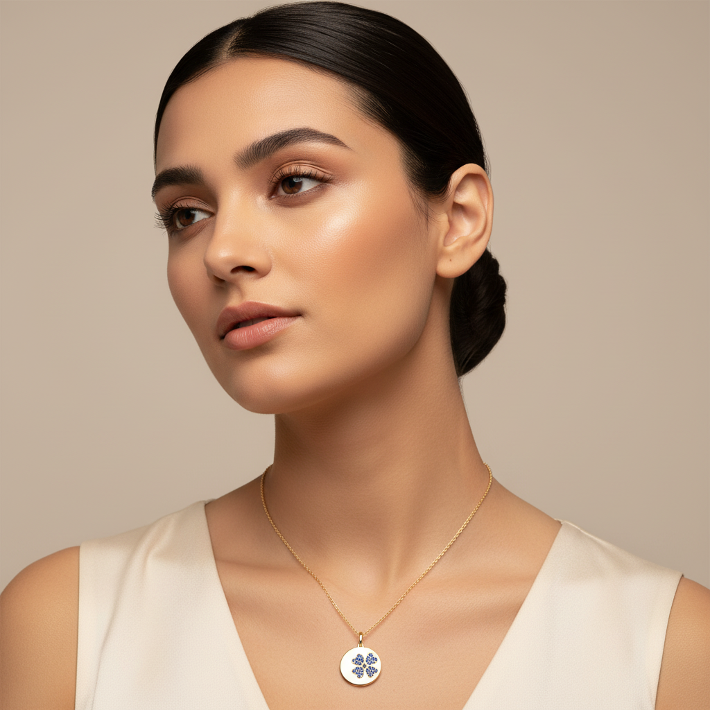 Blue Crystal Flower Disc Pendant Necklace - Four
