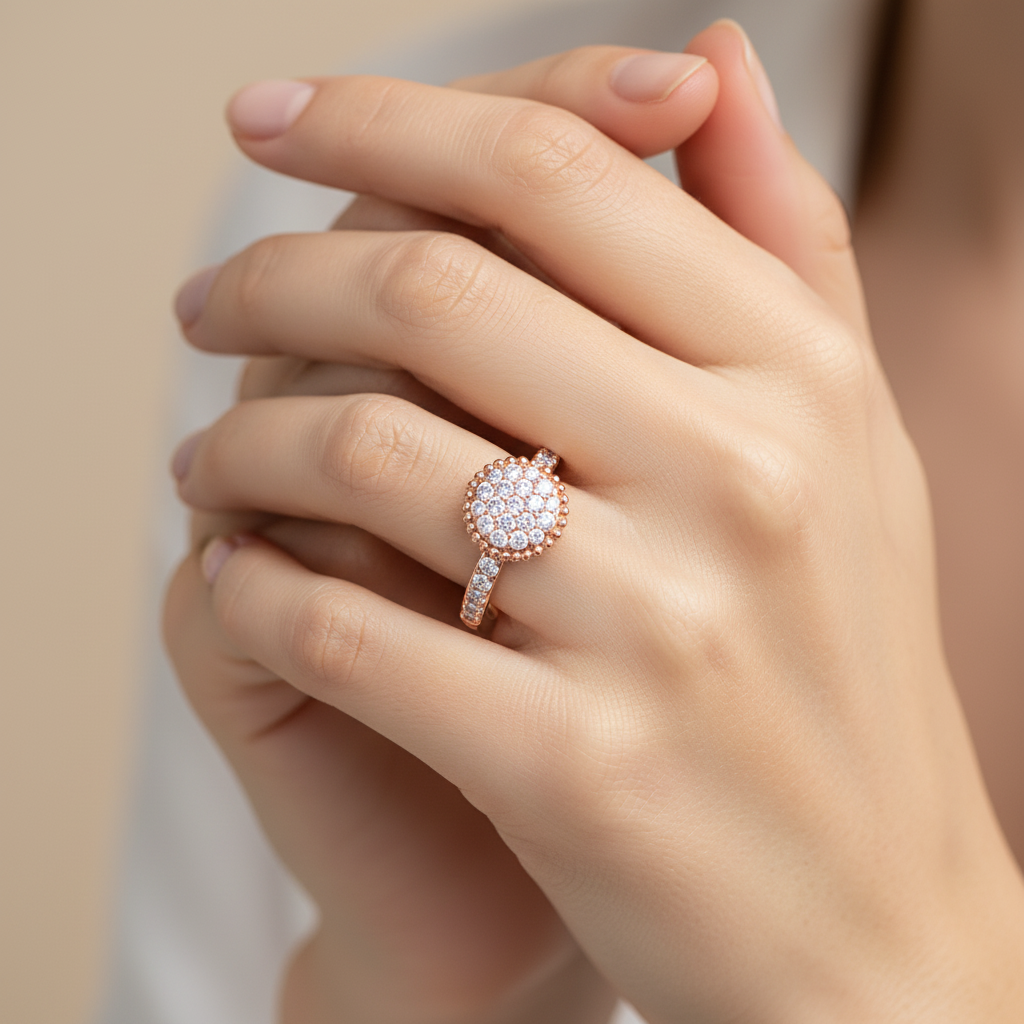Lab-Grown Diamond Halo Cluster Ring In Rose Gold – Round Floral Diamond Ring With Pave Band | Jebij - Eight