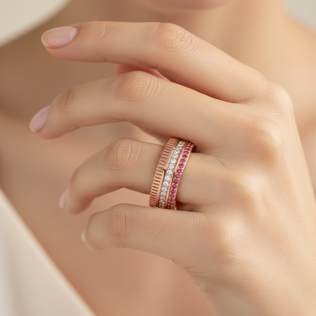 Gold Ruby Diamond Multi-Row Band Ring – Textured Statement Luxury Ring | Jebij - Eight