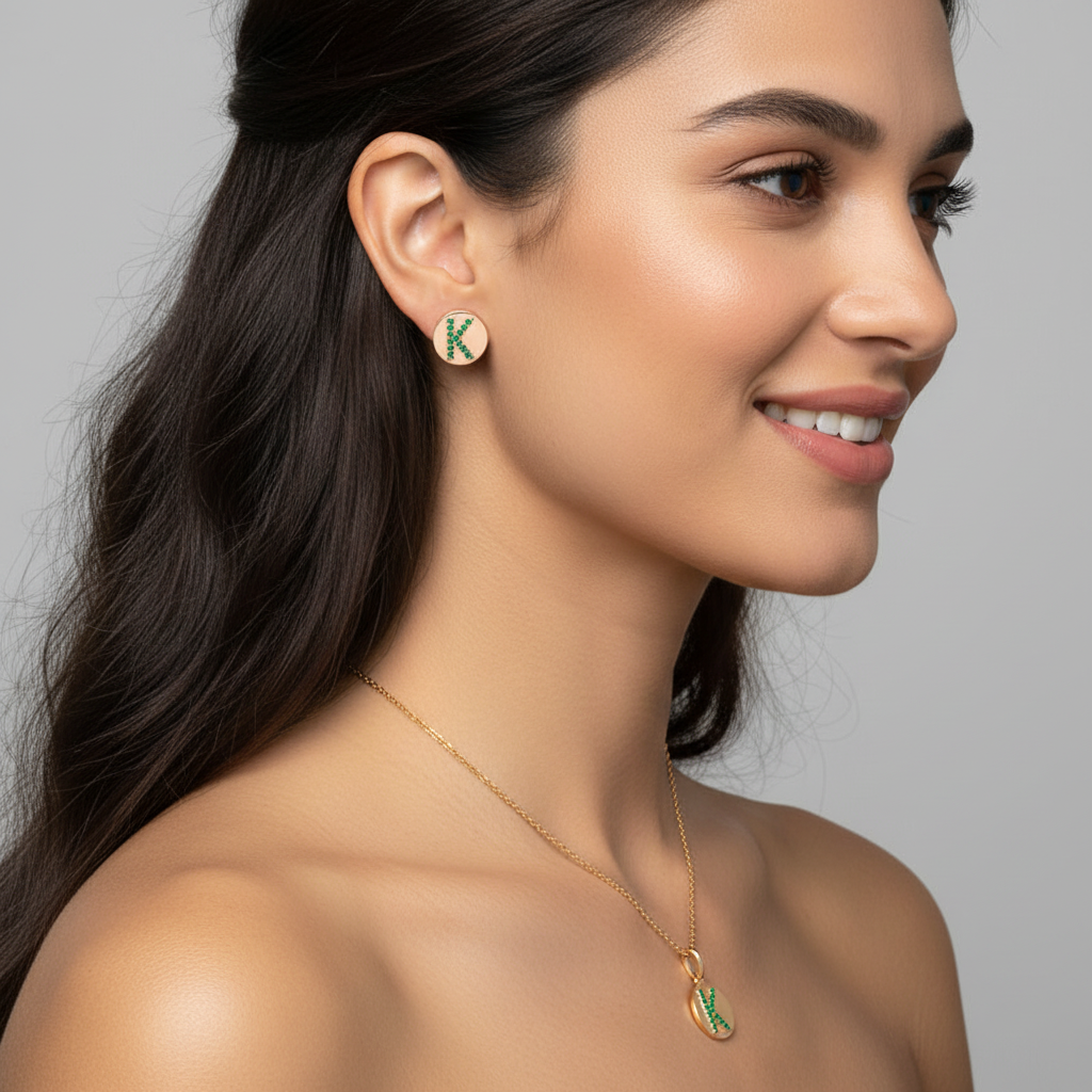 Personalized K Letter Pendant Necklace In Yellow Gold With Green Stones - Five