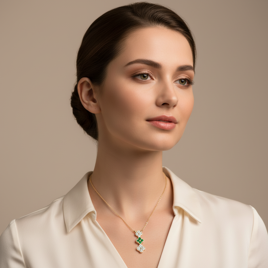 Diamond And Emerald Clover Pendant Necklace In White Gold - Five