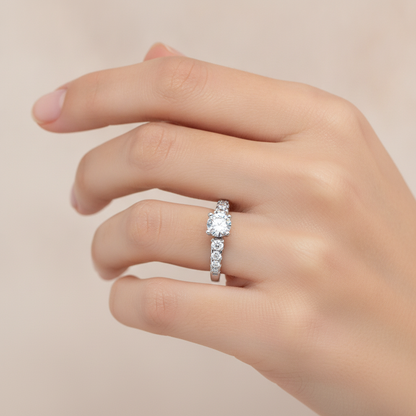 Florosent Three Stone Diamond Engagement Ring In 925 Sterling Silver - Thirteen
