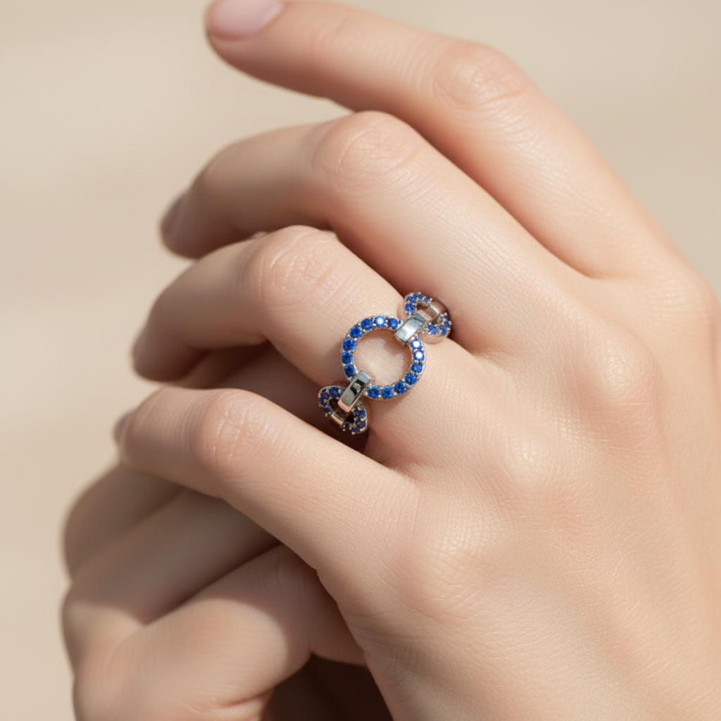 Blue Sapphire Multi-Link Circular Ring In White Gold | Double Pave Interlocking Chain Statement Luxury Ring For Women | Jebij - Nine