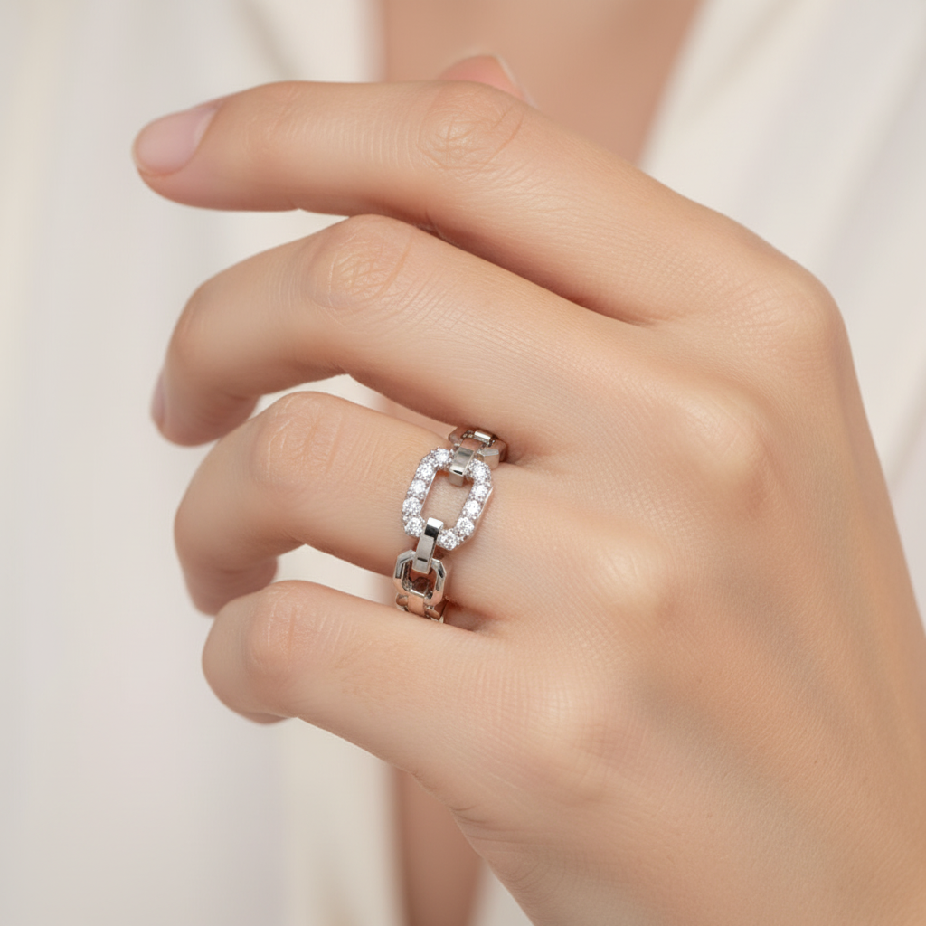 Diamond Chain Link Ring In White Gold | Circular Center Double Row Luxury Statement Ring For Women | Jebij - Eight