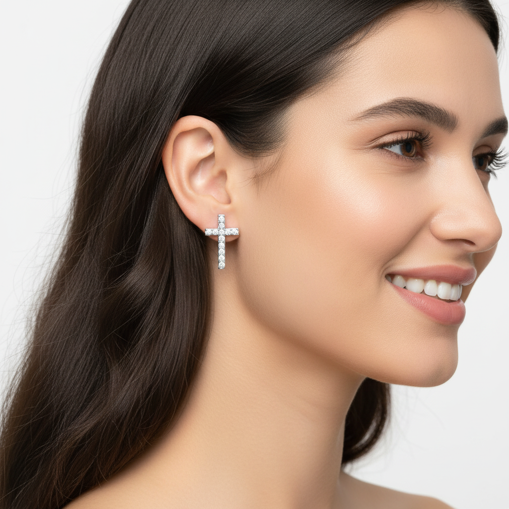 Pav Diamond Cross Stud Earrings With Screw Back - Five
