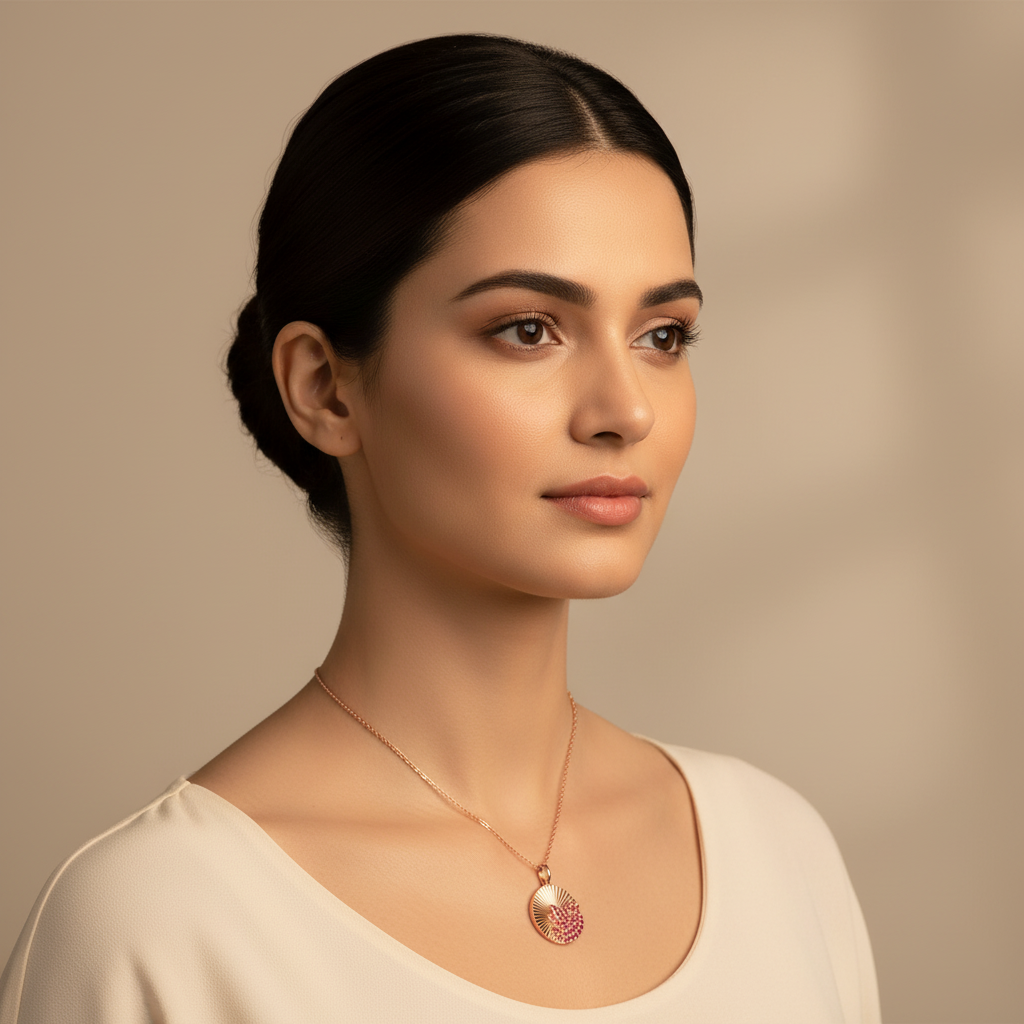 Ruby Sunburst Disc Pendant Necklace With Textured Rays - Four