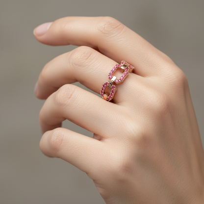 Ruby Chain Link Ring In Rose Gold | Double Pave Interlocking Statement Luxury Ring For Women | Jebij - Eight