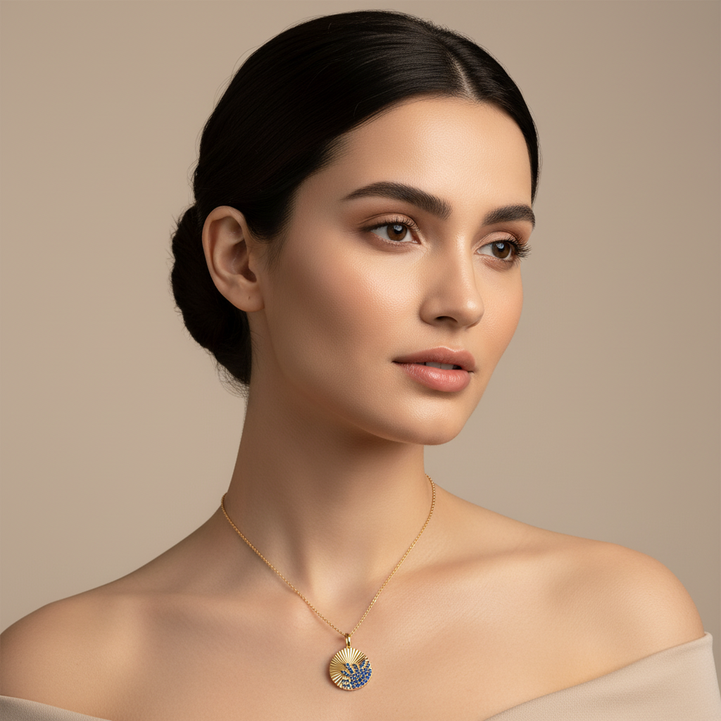 Blue Sapphire Sunburst Disc Pendant Necklace - Five