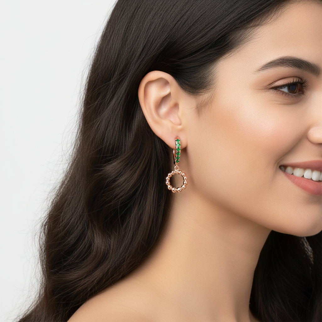 Emerald Huggie Hoop Earrings With Beaded Circle Drop Charms - Five