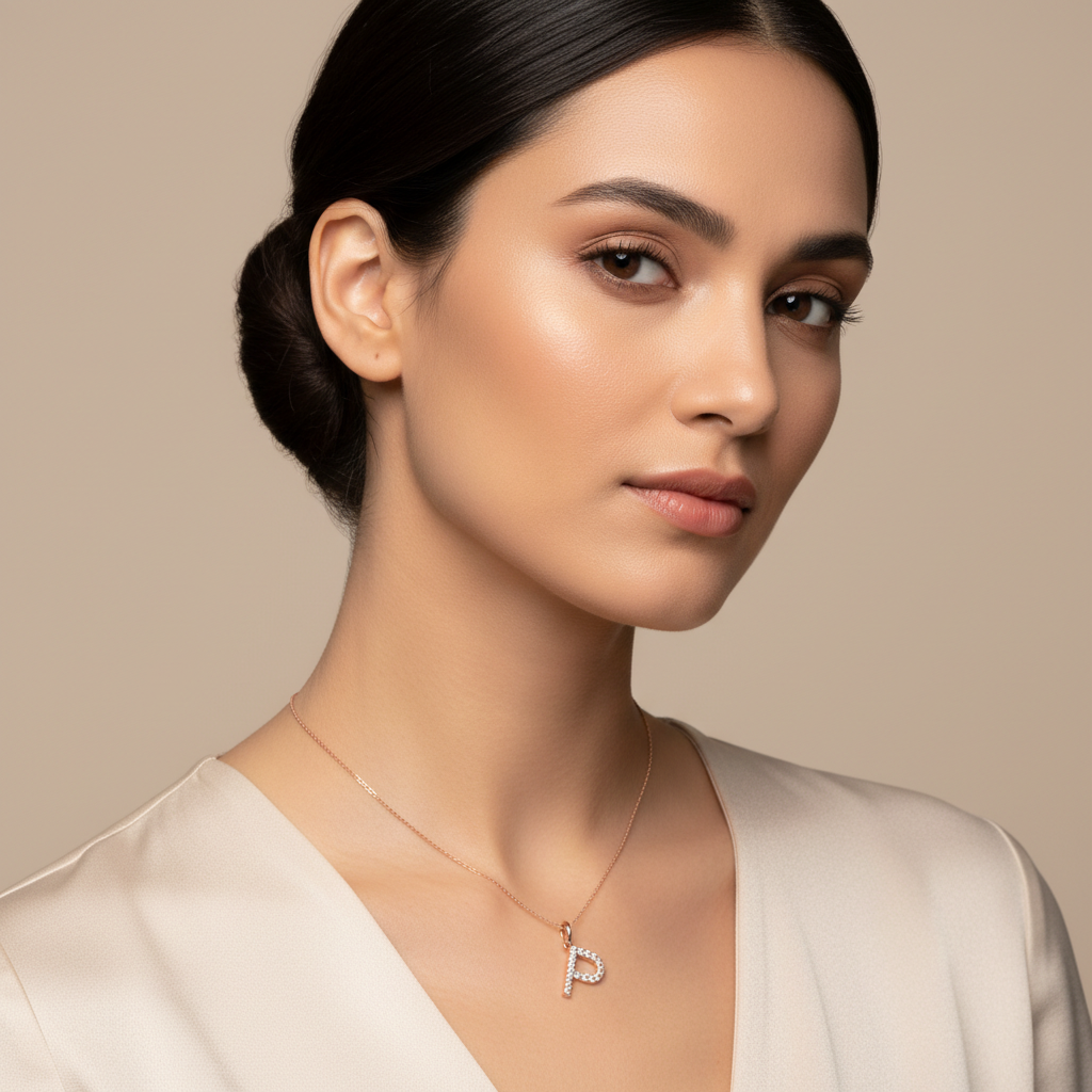 Rose Gold Diamond Letter P Initial Pendant Charm