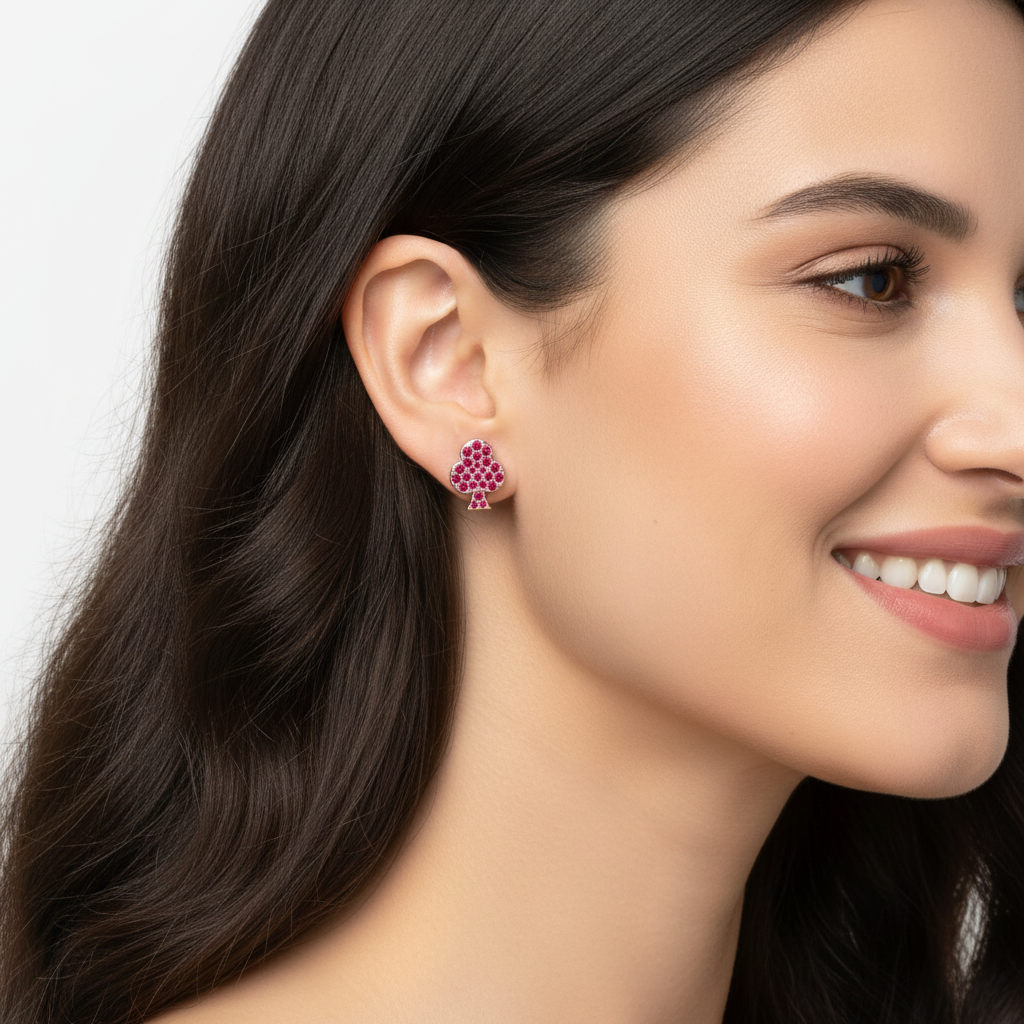 Pink Crystal Clover Stud Earrings With Screw Back Closure - Five