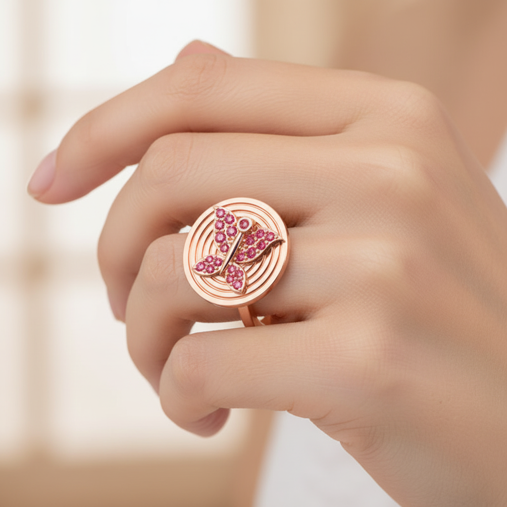 Rose Butterfly Medallion Ring With Pink Gemstones - Eight