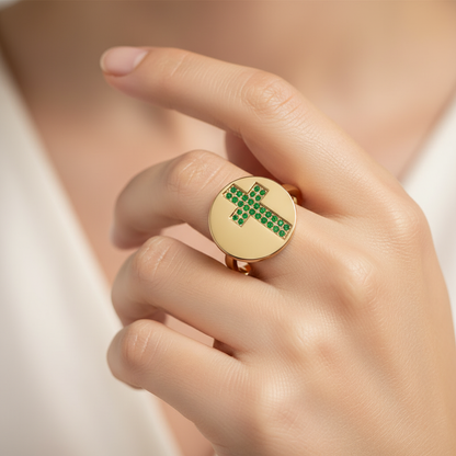 Emerald Cross Signet Ring With Disc Design - Eight