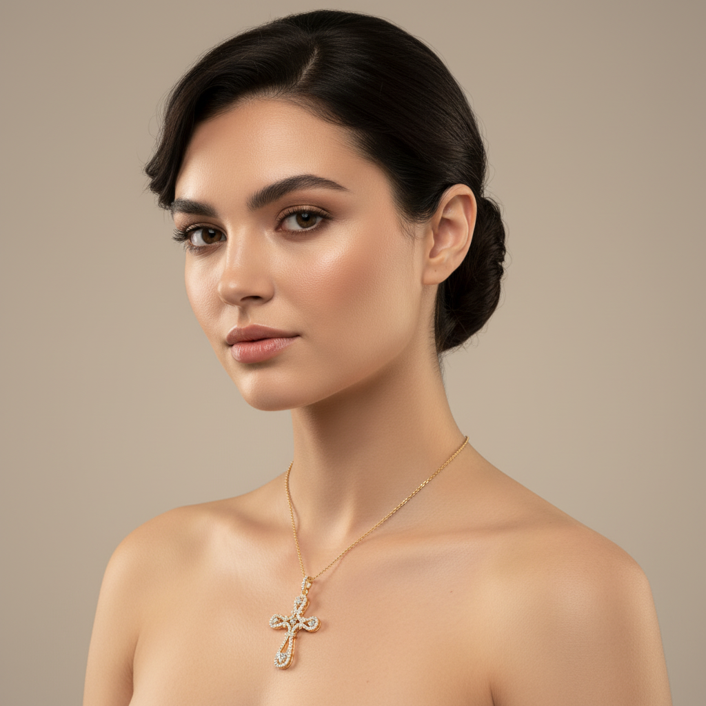 Ornate Filigree Cross Pendant Necklace With Cubic Zirconia Stones - Four