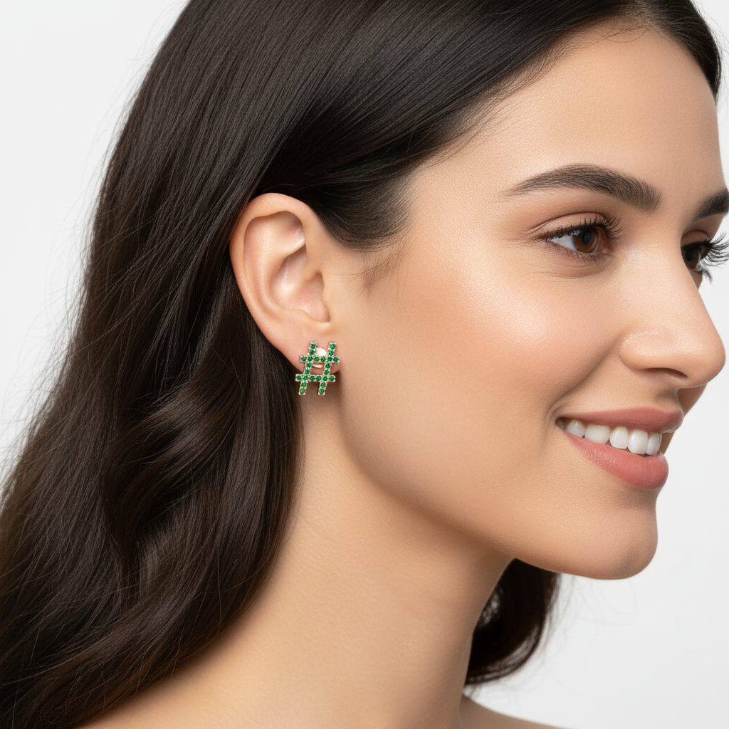 Green Crystal Hashtag Symbol Stud Earrings With Screw Back - Five