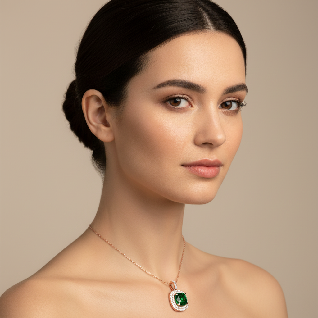 Cushion Cut Green Emerald Double Halo Pendant With Diamond Accents - Eight